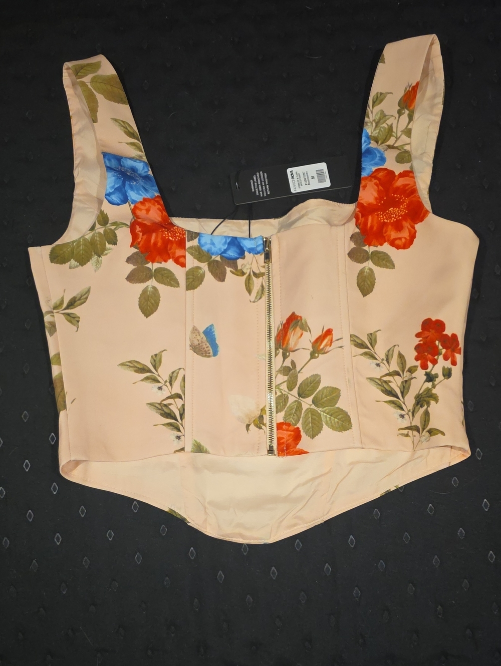 Fashion Nova Peach Floral Zip Crop Top with Blue & Red Blooms